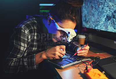 Buy stock photo Woman, technician and motherboard with circuit, electronics or soldering iron with goggles in laboratory. Information technology, maintenance and programming for future, hardware and system in night