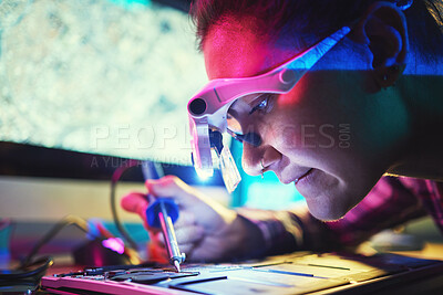Buy stock photo Woman, motherboard and engineering with soldering iron for manufacturing, microchip and night. Information technology, circuit board and electronics for programming, hardware and system with tools
