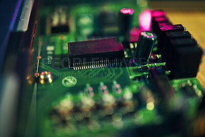 Buy stock photo Computer motherboard, closeup and programming with microchip, innovation or it development in laboratory. Information technology, circuit board or electronics for engineering, hardware or maintenance