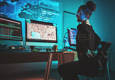 Buy stock photo Woman, back pain and computer programmer, software engineering or cybersecurity at night, stress and pain. Fatigue, spine problem and tired IT person on monitor, satellite coding or data surveillance