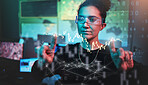 Woman hacking, glasses and cybersecurity, hologram algorithm and code with malware, futuristic technology and iot. Data protection overlay, dashboard and programmer with virtual reality map for info.