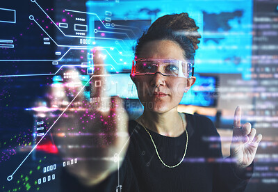 Buy stock photo Woman with cybersecurity, hologram button and glasses with vr, futuristic technology and location privacy. Data protection overlay, iot dashboard and research programmer with virtual reality goggles.