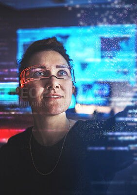 Buy stock photo Woman hacker, glasses and cybersecurity, hologram info and vr malware, futuristic technology and login privacy. Data protection overlay, iot dashboard and tech programmer with virtual reality goggles