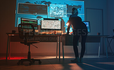 Buy stock photo Cybersecurity, woman and global network code for phishing, ransomware and cyber terrorism search. Maps, digital database and IT software in dark room for virtual malware hacking fix of employee back