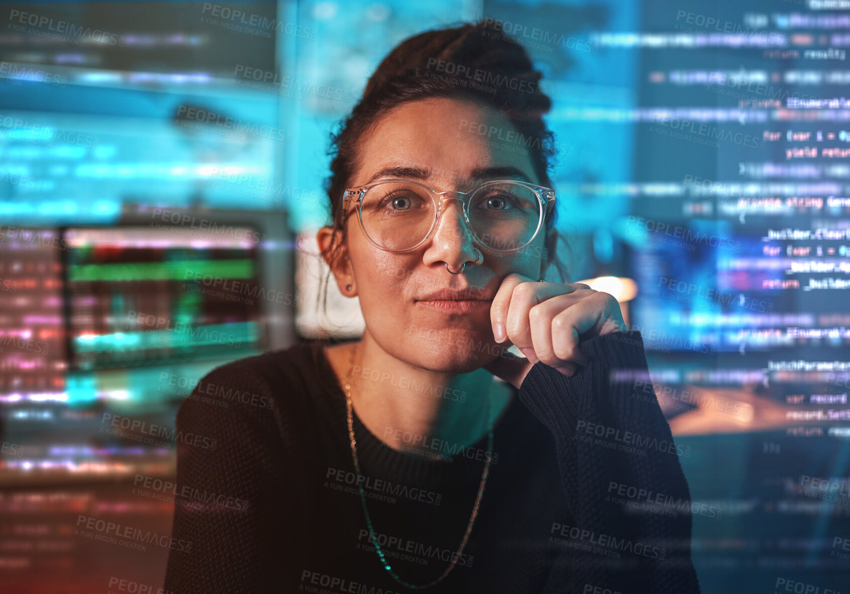 Buy stock photo Portrait of woman, coding and cybersecurity, hologram screen and agent with malware, futuristic technology and privacy. Data protection overlay, iot dashboard and programmer on virtual reality login