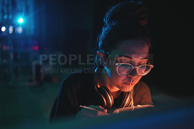 Buy stock photo Cyber security woman, night and eating food, noodles or pasta after coding software, online surveillance or research. Hungry programmer, dark room and face of female hacker with spaghetti dinner meal