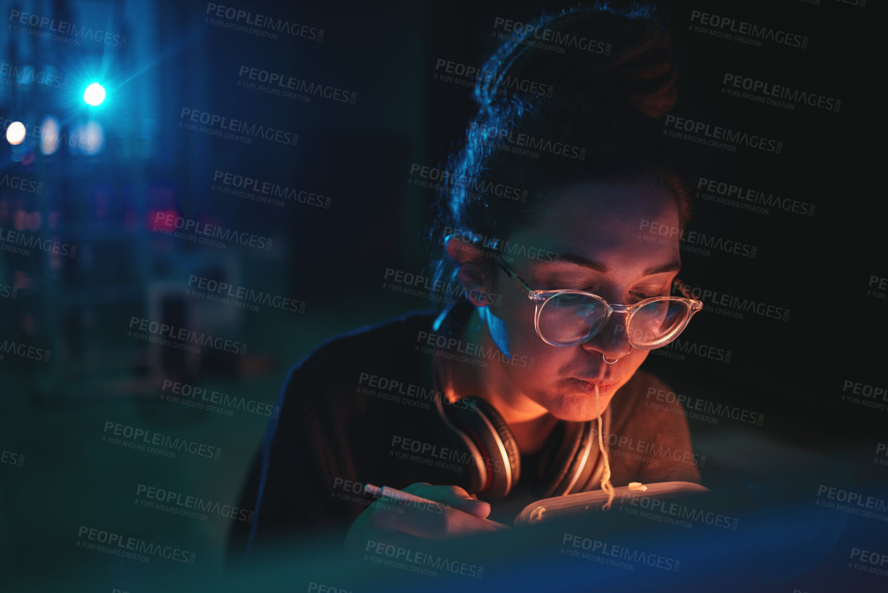Buy stock photo Cyber security woman, night and eating food, noodles or pasta after coding software, online surveillance or research. Hungry programmer, dark room and face of female hacker with spaghetti dinner meal