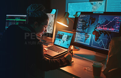Buy stock photo Cybersecurity, woman and writing global location info with map graphic for phishing and hacker data. Cyber crime, employee and technology for firewall hacking and ransomware coding for software