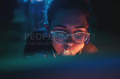 Buy stock photo Computer, cyber security woman and eating food, noodles and coding software, online database or cloud computing service. Hungry programmer, night meal and face of female developer programming system