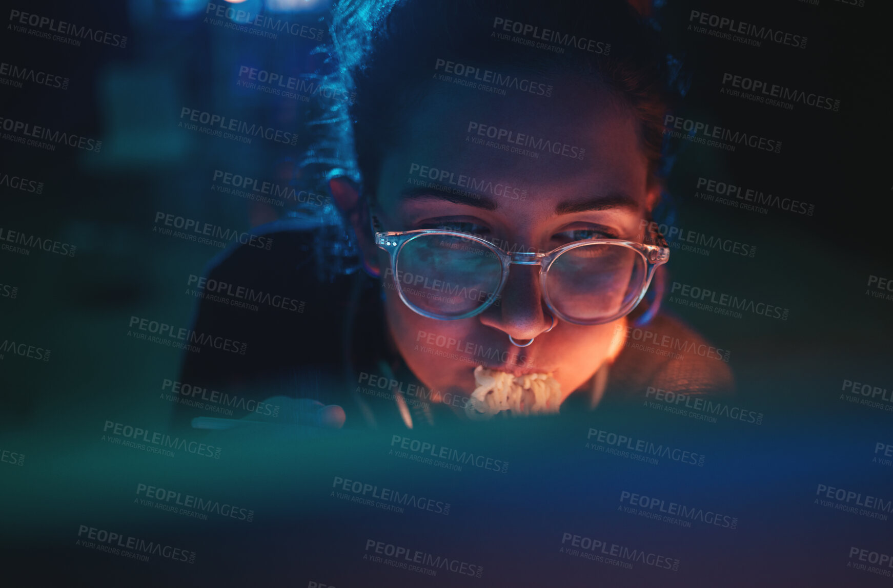 Buy stock photo Computer, cyber security woman and eating food, noodles and coding software, online database or cloud computing service. Hungry programmer, night meal and face of female developer programming system