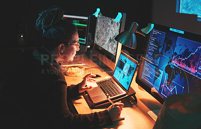 Buy stock photo Cybersecurity, woman and computer with global info with map graphic for phishing and hacker data. Cyber crime, employee and technology for firewall hacking and ransomware coding for system algorithm