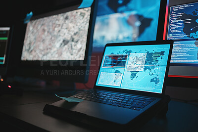 Buy stock photo Laptop screen, cybersecurity and technology background for night surveillance, data protection or worldwide coding. Gdpr, satellite hacking and software development on computer monitor and global map