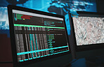 Computer screen, cybersecurity and technology background for surveillance, data analytics and worldwide coding. Gdpr, html hacking and satellite software development on monitor, global map and night