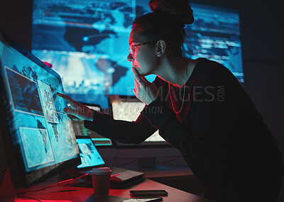 Buy stock photo Woman, hacker and pc with thinking, night and ideas for analysis, cyber crime or brainstorming by monitor. Information technology expert, screen and dashboard with ransomware with phishing for data
