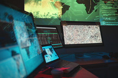 Buy stock photo Computer, dark and monitor for global cyber security, government research or data capturing. Software, office and a desk with pc for world server, surveillance agency or information for analysis