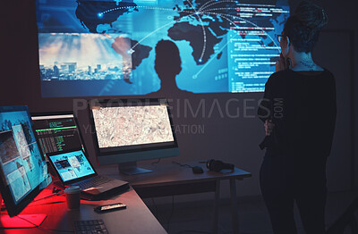 Buy stock photo Cybersecurity, woman thinking and global network tech for phishing, ransomware and cyber terrorism search. Maps, digital database and IT in dark room for virtual malware hacking fix of employee