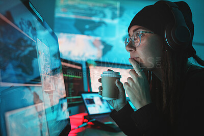 Buy stock photo Woman, hacker and computer with thinking, night and coffee for analysis, cyber crime and ideas with monitor. Information technology expert, screen and dashboard with ransomware with phishing for data