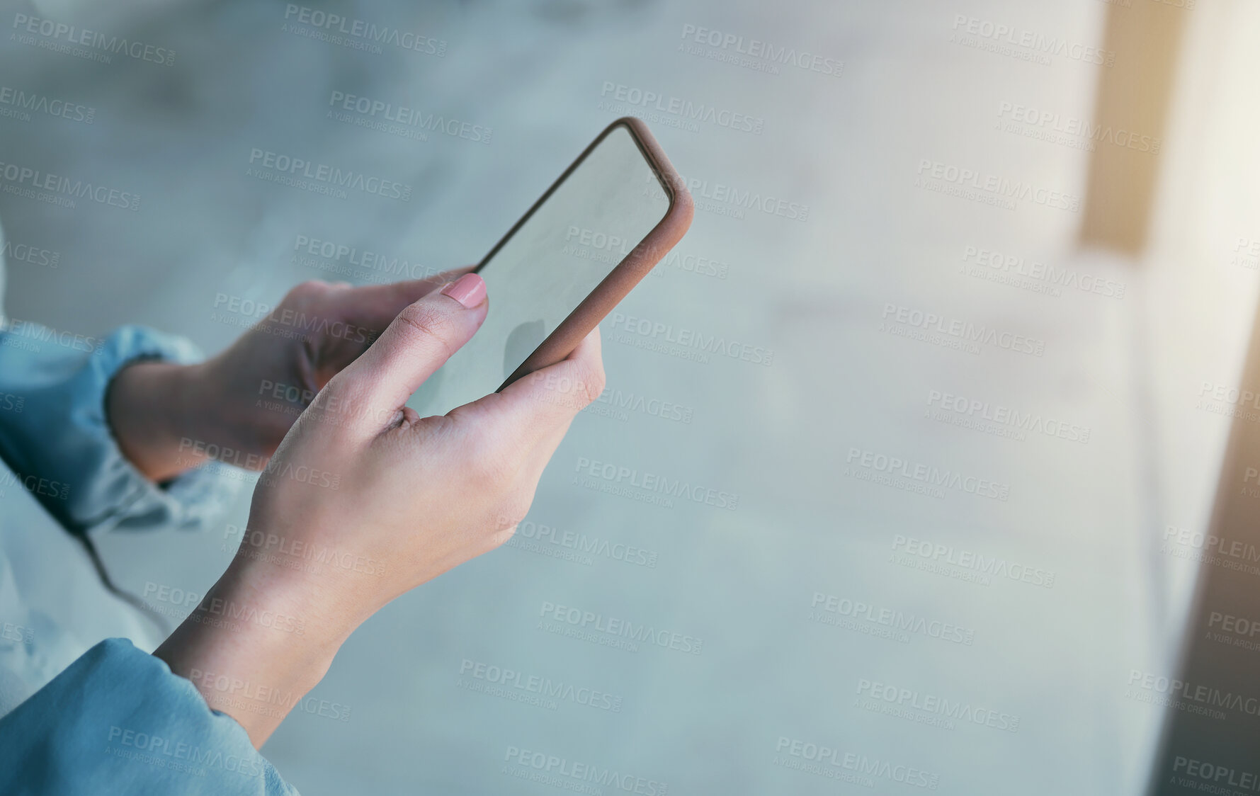 Buy stock photo Phone, mockup and hands of business person in office for social media, internet and mobile space. Technology, professional and closeup of worker on smartphone for website, branding and advertisement