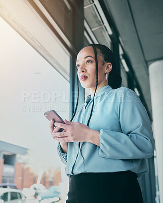 Buy stock photo Phone, thinking and business black woman in office for social media, browse internet and mobile app. Networking, professional and female worker on smartphone for website, research and communication