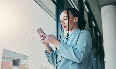 Buy stock photo Phone, professional and business black woman in office for social media, browse internet and mobile app. Networking, online and female worker on smartphone for website, research and communication