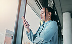 Phone, typing and business black woman in office for social media, browse internet and mobile app. Networking, professional and female worker on smartphone for website, research and communication