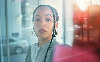 Buy stock photo Portrait of woman at glass moodboard, thinking and sticky note for business planning, brainstorming or working process. Ideas, strategy and notes for startup proposal on mind map at office workshop.
