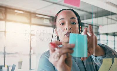 Buy stock photo Woman at glass with ideas, moodboard and sticky note for business planning, brainstorming or working process. Thinking, strategy and writing notes for startup proposal on mind map at office workshop.