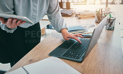 Buy stock photo Tablet, laptop typing and business hands at web analyst company with notes. Technology, person and online professional working in office with computer and digital data research job for project