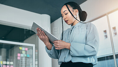 Buy stock photo Woman in office on tablet, research and checking email with sticky note ideas on moodboard, business plan and brainstorming. Thinking, reading web and businesswoman on digital app for online review.