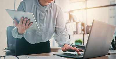 Buy stock photo Tablet, laptop and business woman hands at web analyst company with typing. Technology, female person and online professional working in a office with computer and digital data research for project