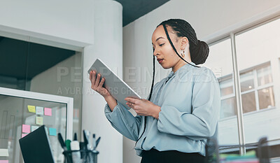 Buy stock photo Tablet, reading and business woman at web analyst company with typing. Technology, female person and online professional working in a office with computer and digital data research for project