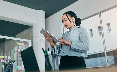Buy stock photo Tablet, planning and business woman at web analyst company with typing. Technology, female person and online professional working in a office with computer and digital data research for project