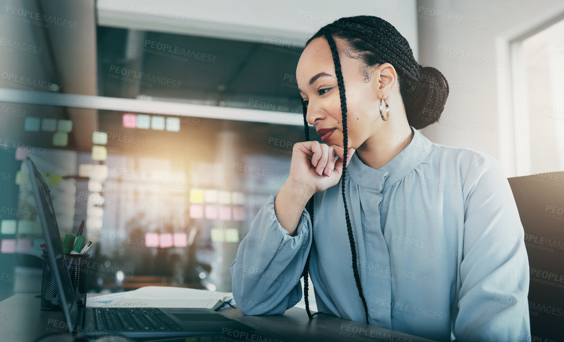 Buy stock photo Woman on laptop, reading email and research on website, social media and sticky note ideas on moodboard. Thinking, smile and businesswoman on computer, checking online review and brainstorming on web