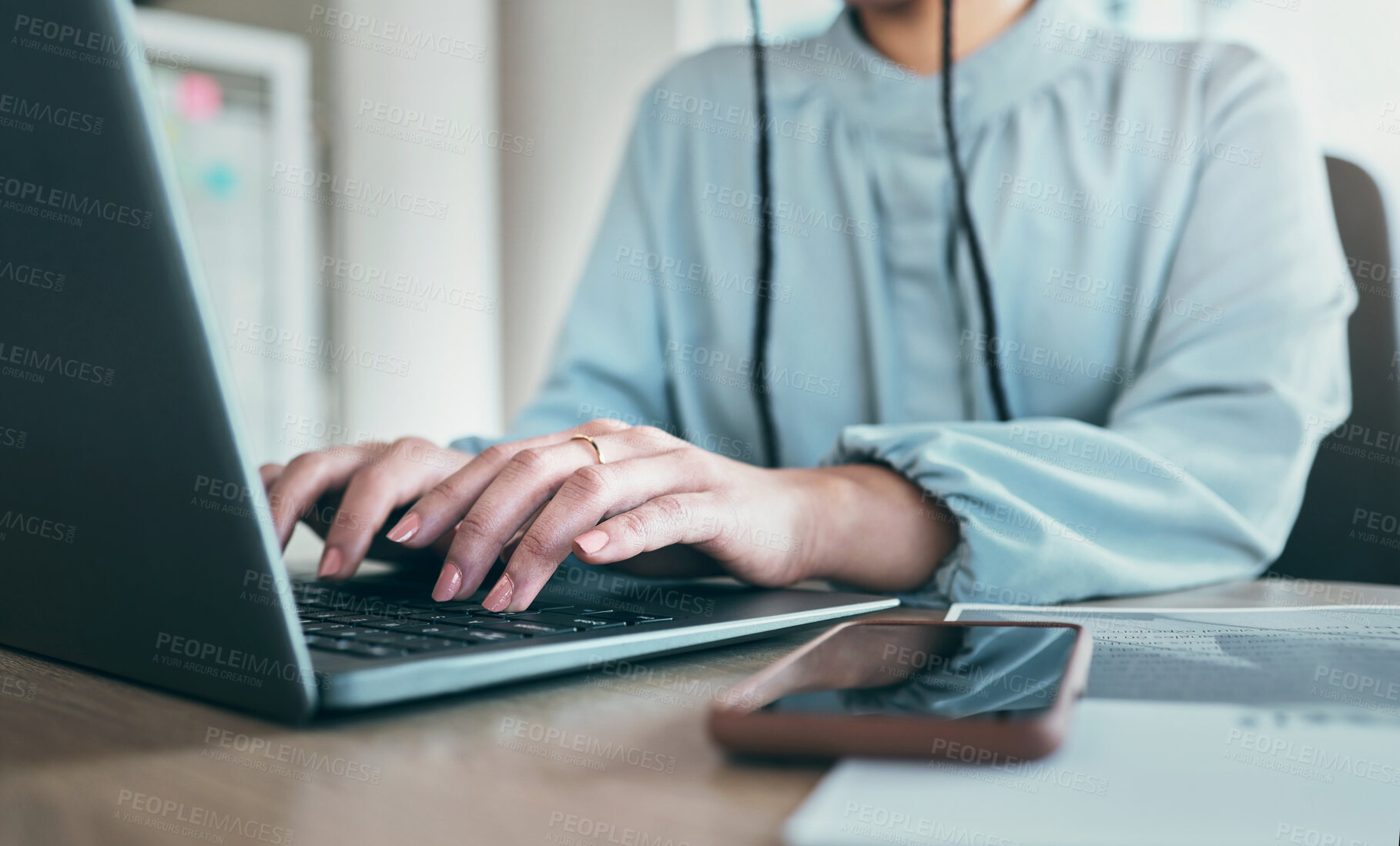 Buy stock photo Laptop keyboard, technology or woman hands typing business report, social network advertising post or customer experience review. Closeup person working on online blog post, media analysis or project