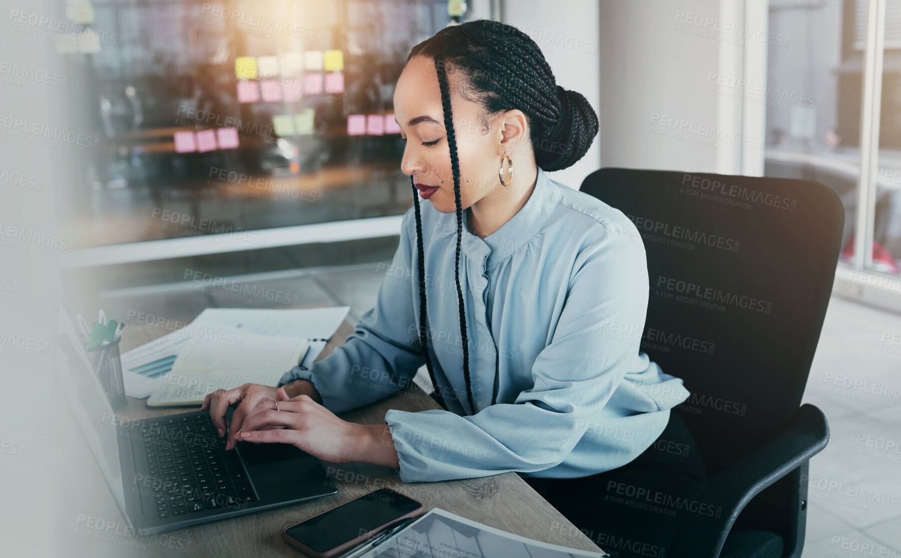 Buy stock photo Woman in office on laptop, research and sticky note ideas on moodboard for business plan, brainstorming or proposal process. Thinking, typing pitch and businesswoman on computer, mind map at startup.