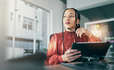 Buy stock photo Tablet, thinking and a business black woman in her office, working online for schedule or calendar planning. Technology, research and idea with a corporate employee reading data for problem solving