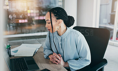 Buy stock photo Woman in office reading on laptop, research and ideas on moodboard for business plan, brainstorming or proposal email. Thinking, entrepreneur and businesswoman on computer for website at startup.