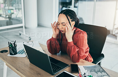 Buy stock photo Burnout, stress headache and business woman frustrated with online glitch, project fail or admin mistake. Receptionist, emotional pain and professional person depressed over risk, anxiety or migraine