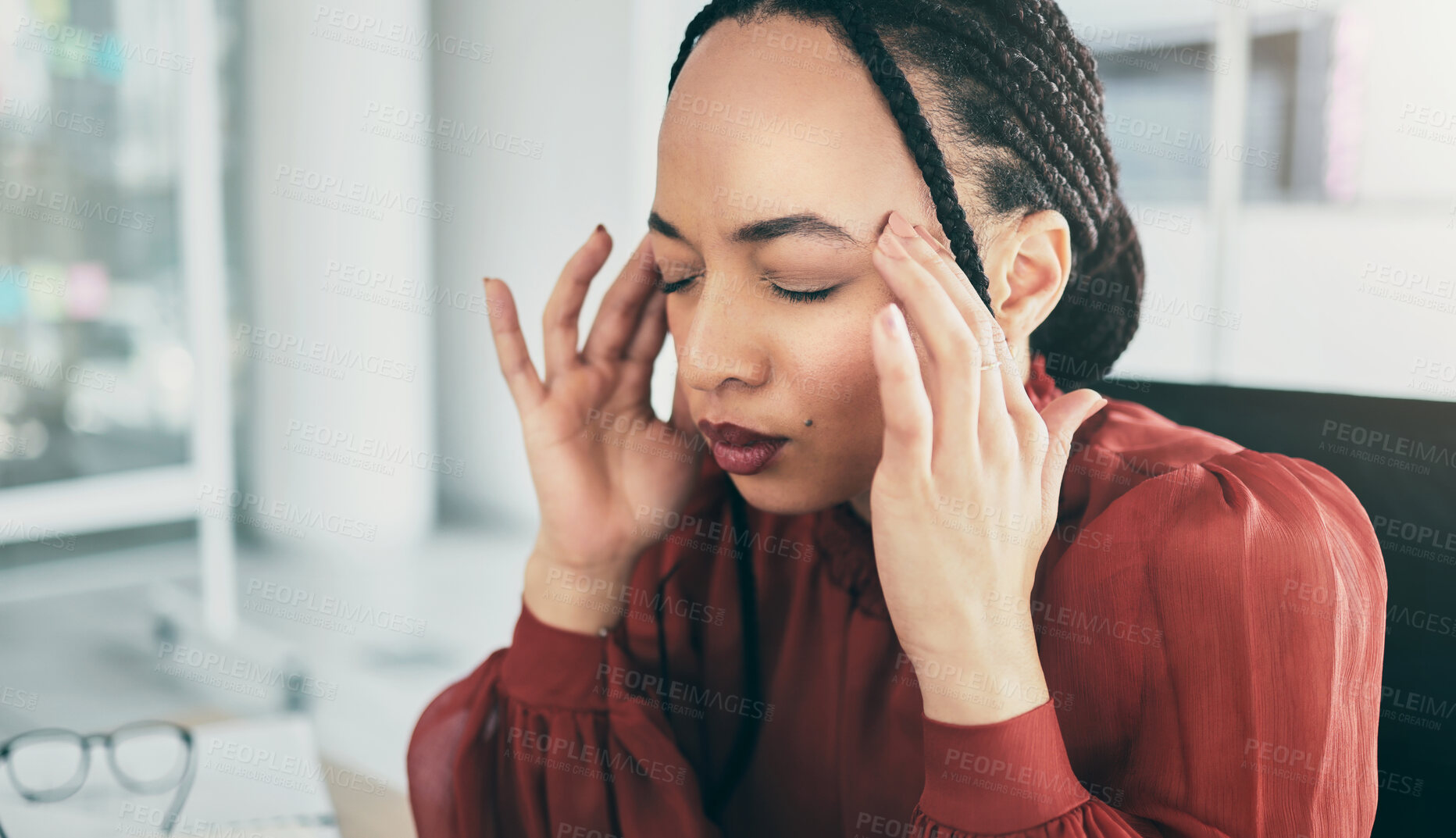 Buy stock photo Mental health, headache and business woman face frustrated with administration mistake, pressure or overwhelmed. Secretary, burnout and female receptionist stress over problem, anxiety or migraine