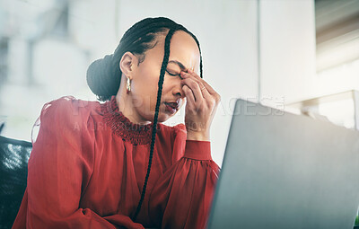 Buy stock photo Laptop, headache and business woman frustrated with 404 error, software fail or administration mistake. Secretary, bad online results or admin person stress over computer problem, anxiety or migraine
