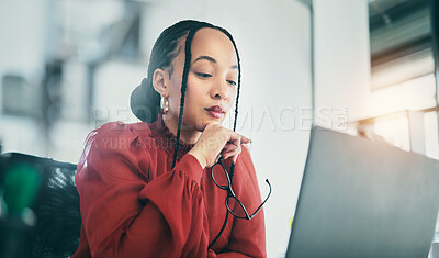 Buy stock photo Thinking, office laptop and professional woman planning, reading or editing online news story, social media post or business blog. Editor, project plan or female reporter review story for publication