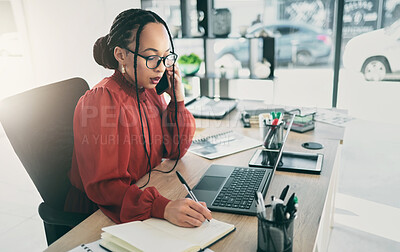 Buy stock photo Phone call, writing and business woman in office for planning, schedule or research. Calendar, networking and administration with female employee in agency for communication, technology or connection