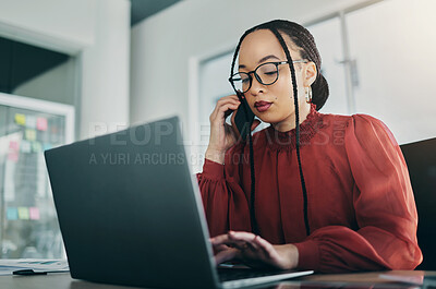 Buy stock photo Phone call, research and business woman in office for planning, schedule and laptop. Calendar, networking and administration with female employee in agency for communication, technology or connection
