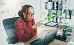 Business woman, computer and office desk for online editing, marketing research and planning. Professional african person, editor or worker reading email, social media copywriting and email on laptop