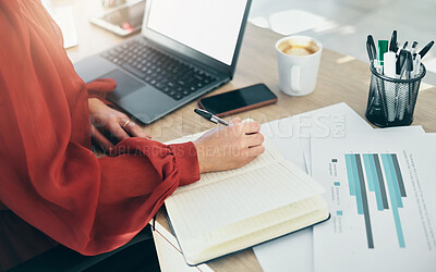 Buy stock photo Hand, notebook and person writing, analytics paperwork on office desk, brainstorming and planning closeup. Business, ideas and graphs with infographic, productivity and workflow, research and admin