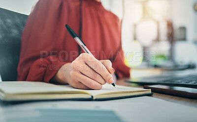 Buy stock photo Hand, notebook and person writing, admin with schedule and brainstorming and planning work closeup in office. Business, ideas and notes with project deadline, productivity and workflow with research