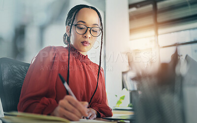 Buy stock photo Notebook, woman is writing and schedule with admin, brainstorming and planning work in office. Business, ideas and notes with project deadline, productivity and workflow with research in workplace