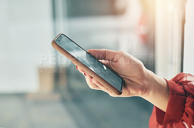 Buy stock photo Phone, screen and hands of business woman in office for social media, internet and mobile app. Technology, professional and closeup of worker on smartphone for website, networking and online schedule