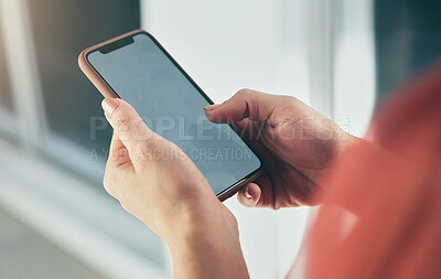 Buy stock photo Phone, mockup screen and hands of business person in office for social media, internet and mobile app. Online, professional and closeup of worker on smartphone for website, branding and advertising