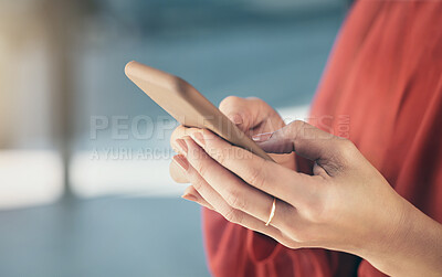 Buy stock photo Phone, typing and hands of business person in office for social media, internet and mobile app. Technology, professional and closeup of worker on smartphone for website, communication and schedule